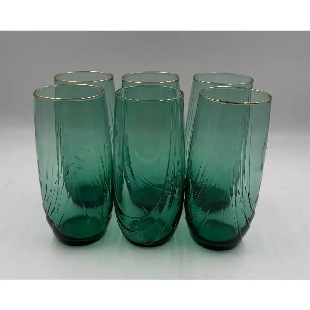 6 Vtg Libbey Crystal Green Highball Iced Tea Glasses Tumblers Drape Retired 12oz